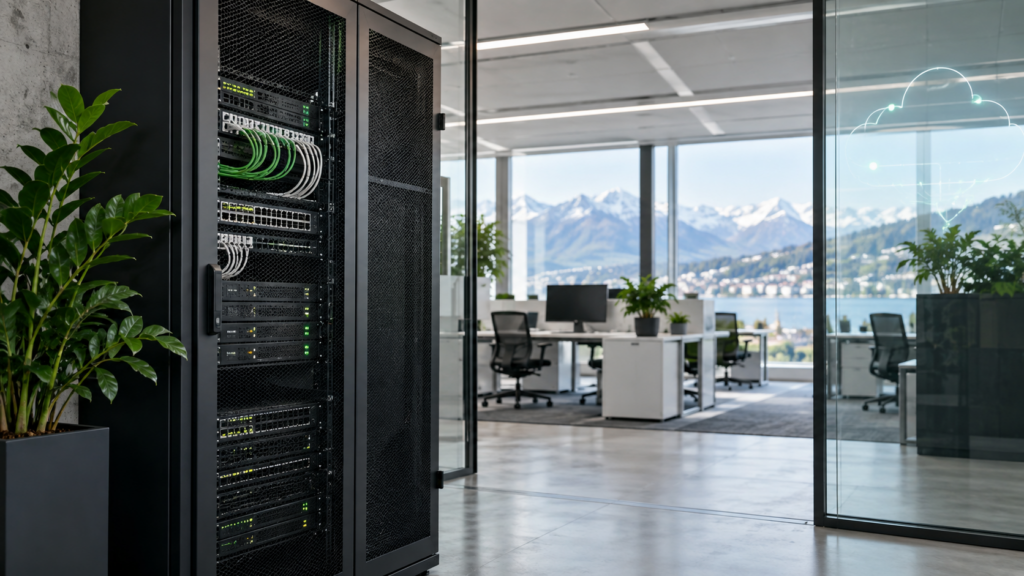 Symbolbild einer hybriden IT-Infrastruktur mit lokalem Server und Cloud-Anbindung